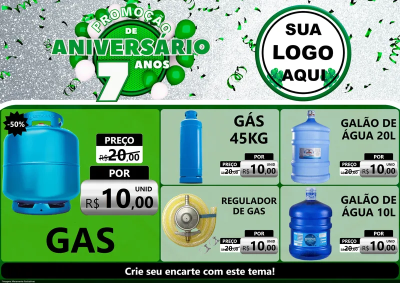 Modelo de Encarte para Encarte A4 Horizontal com o tema Promoção de Aniversário - 7 Anos para Água e gás