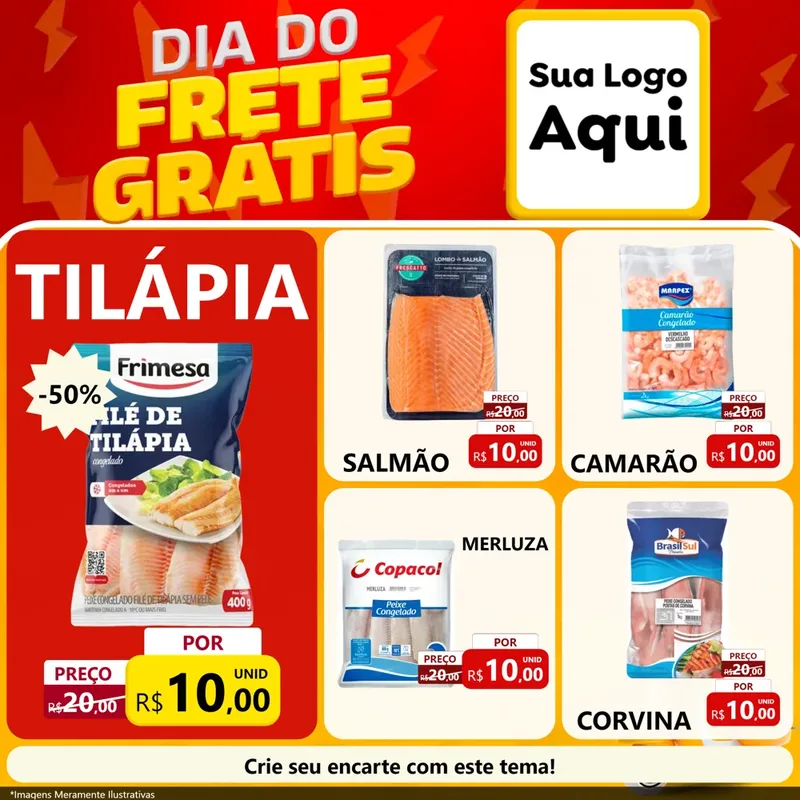 Modelo de Rede Social para Feed Facebook com o tema Dia do Frete Grátis para Peixaria