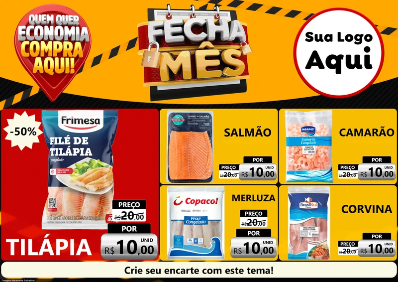 Modelo de Encarte para Encarte A4 Horizontal com o tema Fecha Mês para Peixaria