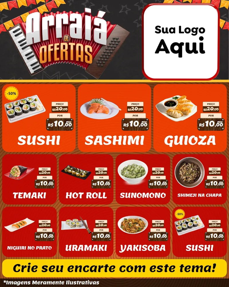 Modelo de Rede Social para Feed Instagram com o tema Arraiá de Ofertas - Junina para Comida japonesa