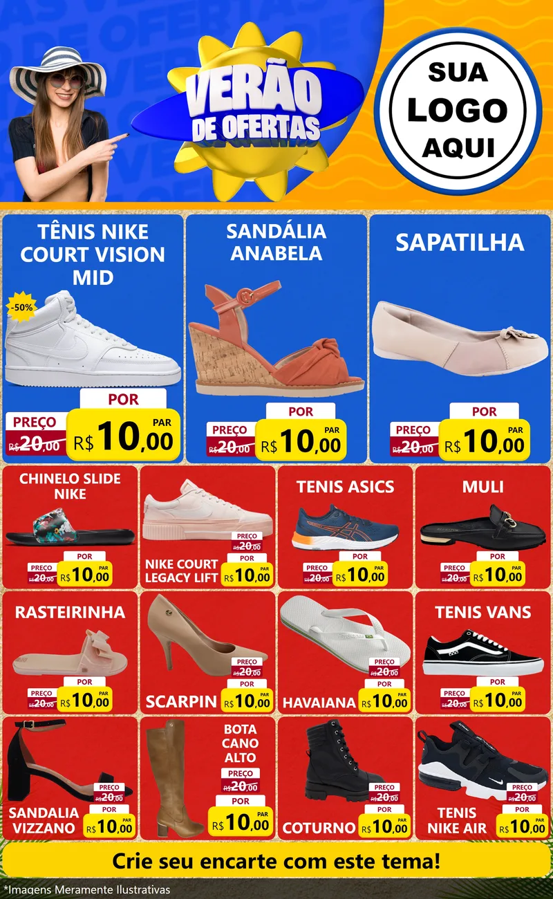 Modelo de Encarte para Encarte Grande com o tema Verão de Ofertas para Calçados