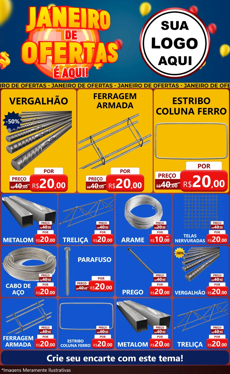 Modelo de Encarte para Encarte Grande com o tema Janeiro de Ofertas É Aqui! para Ferragens