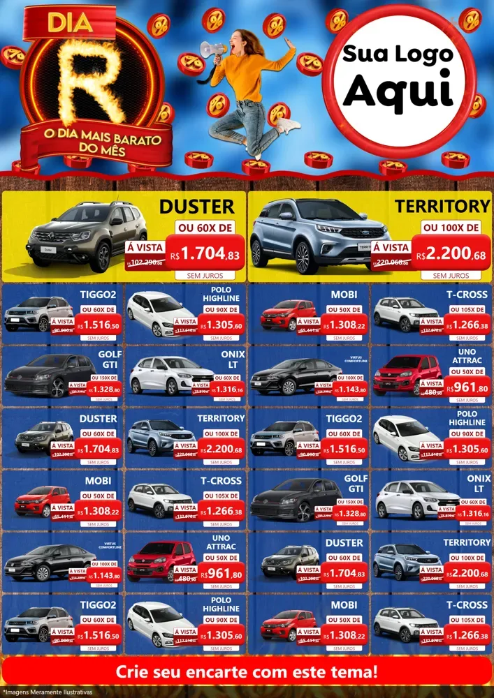 Modelo de Encarte para Encarte A4 Vertical com o tema Dia R - O Dia Mais Barato Do Mês para Concessionaria de Carros