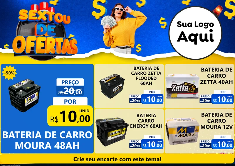 Modelo de Encarte para Encarte A4 Horizontal com o tema Sextou de Ofertas para Baterias Elétricas