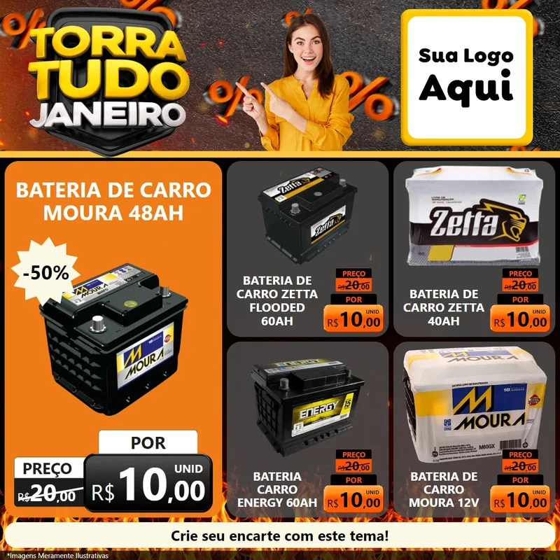 Modelo de Rede Social para Feed Facebook com o tema Torra Tudo Janeiro para Baterias Elétricas