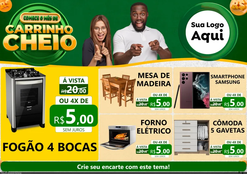 Modelo de Encarte para Encarte A4 Horizontal com o tema Carrinho Cheio para Móveis e Eletro