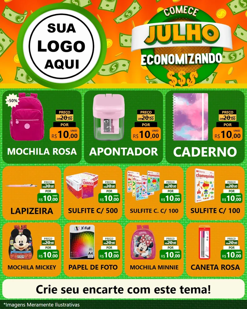 Modelo de Rede Social para Feed Instagram com o tema Comece Julho Economizando para Papelaria
