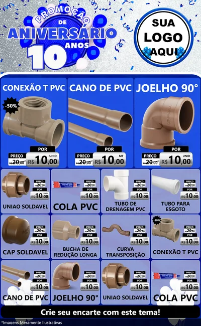 Modelo de Encarte para Encarte Grande com o tema Promoção de Aniversário - 10 Anos para Tubos e conexões