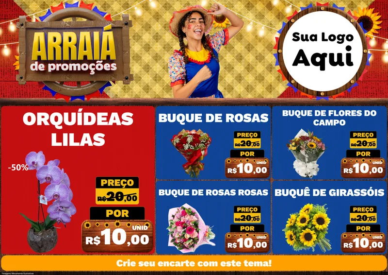 Modelo de Encarte para Encarte A4 Horizontal com o tema Arraiá de Promoções para Floricultura e jardim