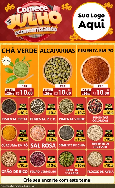 Modelo de Encarte para Encarte Grande com o tema Comece Julho Economizando para Produtos Naturais