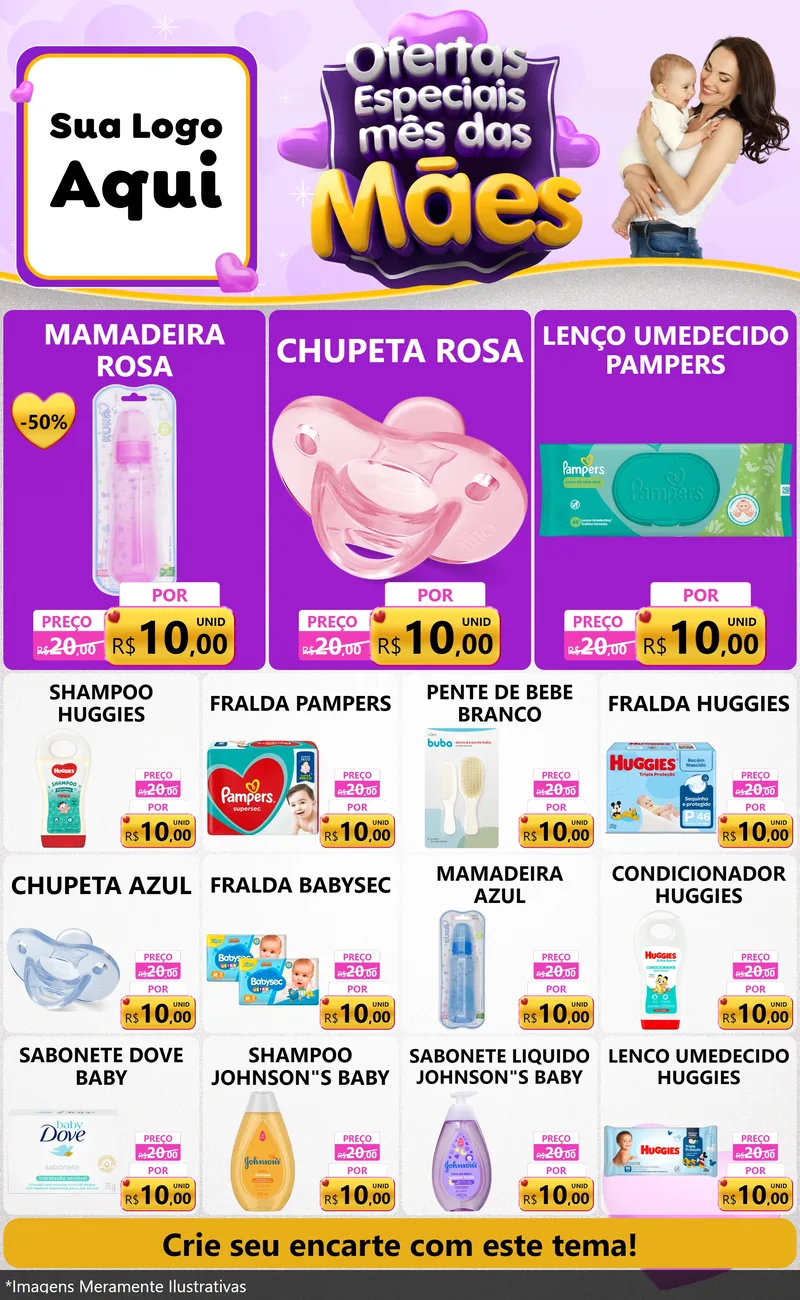 Modelo de Encarte para Encarte Grande com o tema Ofertas Especiais - Mês das Mães para Bebês