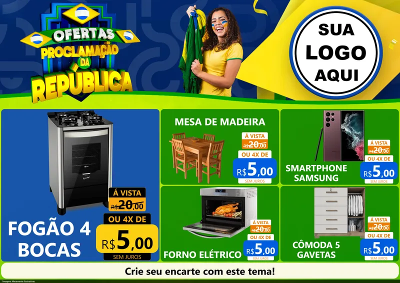 Modelo de Encarte para Encarte A4 Horizontal com o tema Ofertas Proclamação da República para Móveis e Eletro