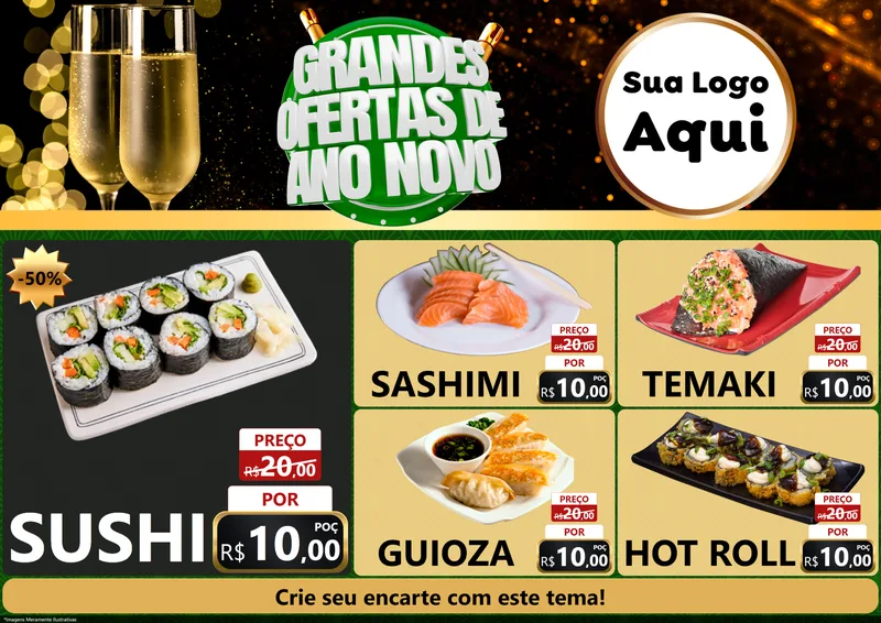 Modelo de Encarte para Encarte A4 Horizontal com o tema Grandes Ofertas de Ano Novo para Comida japonesa