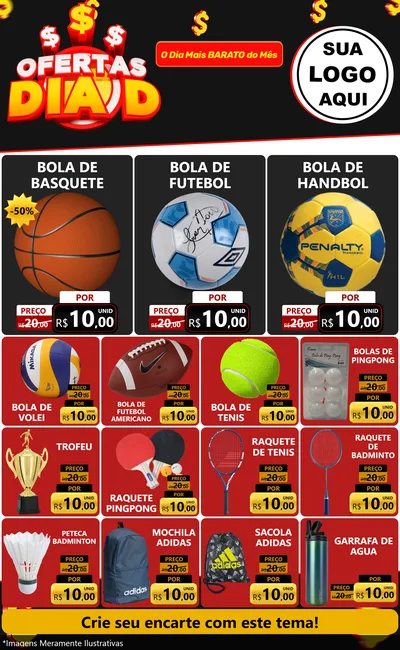 Modelo de Encarte para Encarte Grande com o tema Ofertas Dia D para Artigos Esportivos