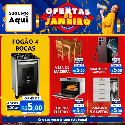 Modelo de Rede Social para Feed Facebook com o tema Ofertas de Janeiro para Móveis e Eletro