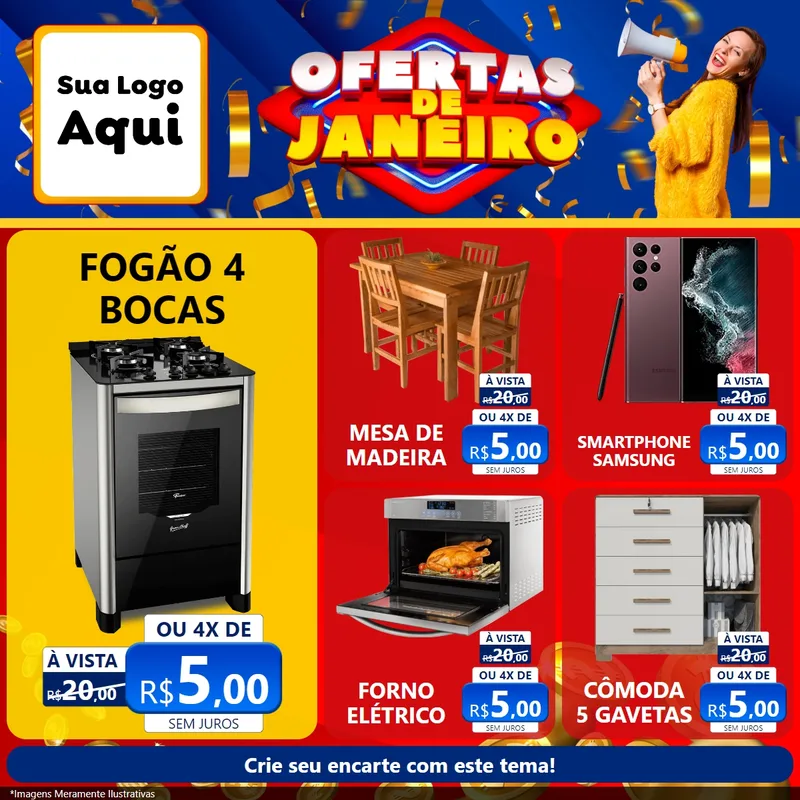 Modelo de Rede Social para Feed Facebook com o tema Ofertas de Janeiro para Móveis e Eletro