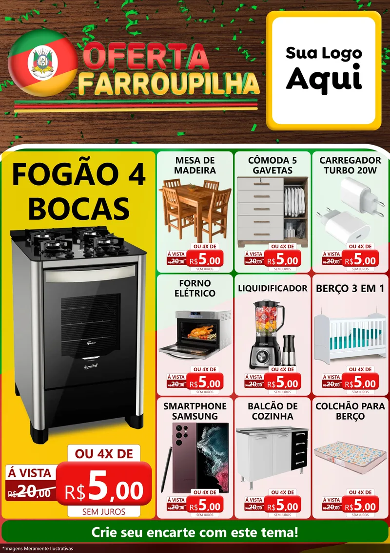 Modelo de Encarte para Encarte A4 Vertical com o tema Oferta Farroupilha para Móveis e Eletro