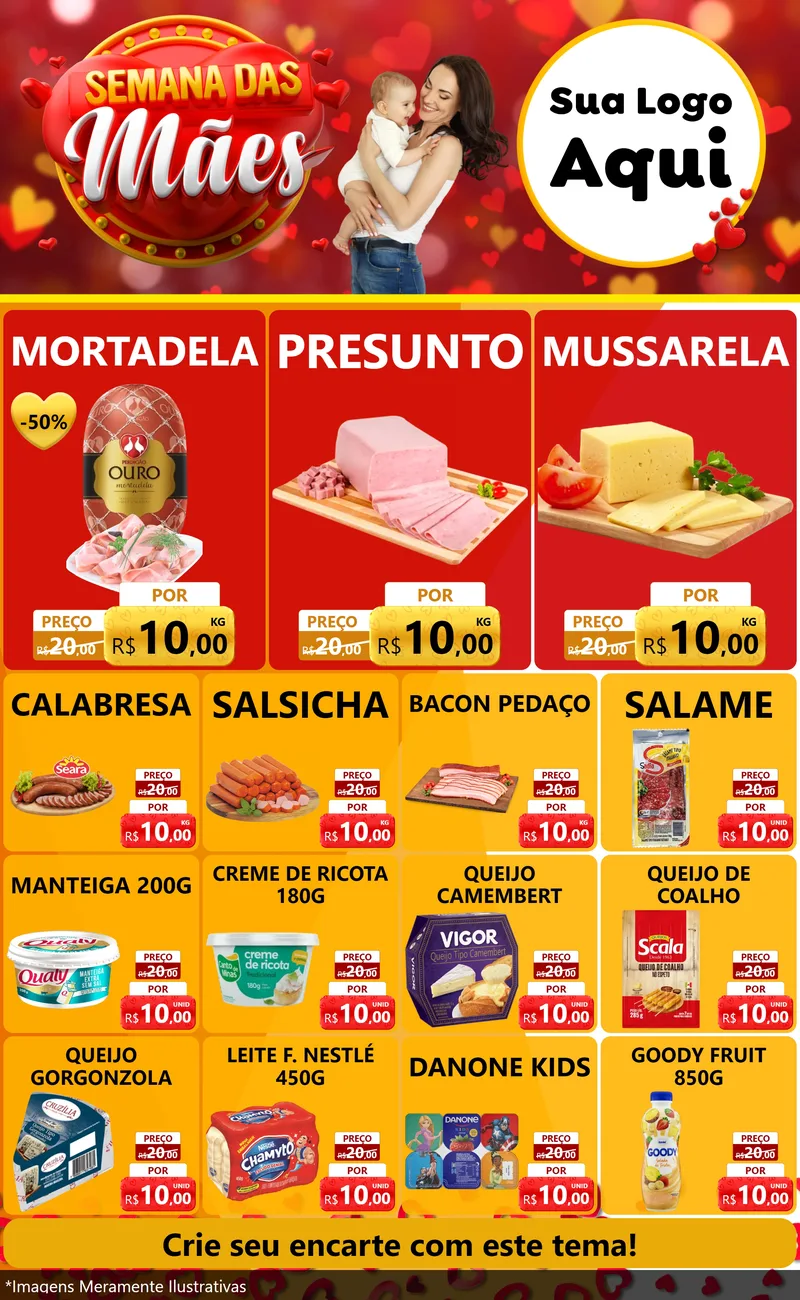 Modelo de Encarte para Encarte Grande com o tema Semana das Mães para Frios e Laticínios