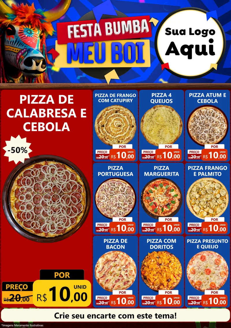 Modelo de Encarte para Encarte A4 Vertical com o tema Festa Bumba meu Boi para Pizzaria