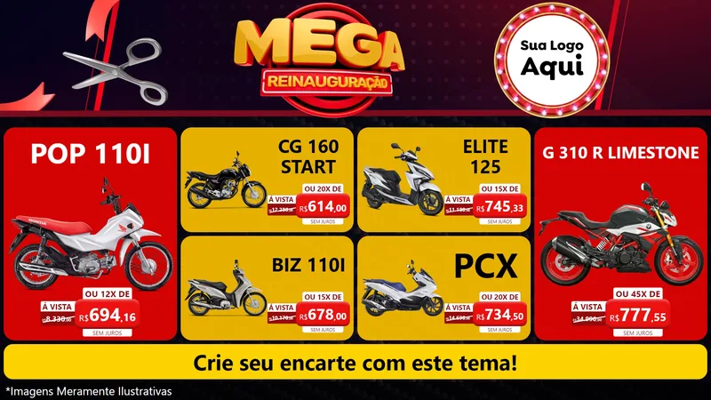 Modelo de TV para TV Horizontal com o tema Mega Reinauguração para Concessionaria de Motos