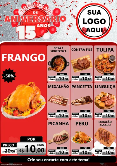 Modelo de Encarte para Encarte A4 Vertical com o tema Promoção de Aniversário - 15 Anos para Assados