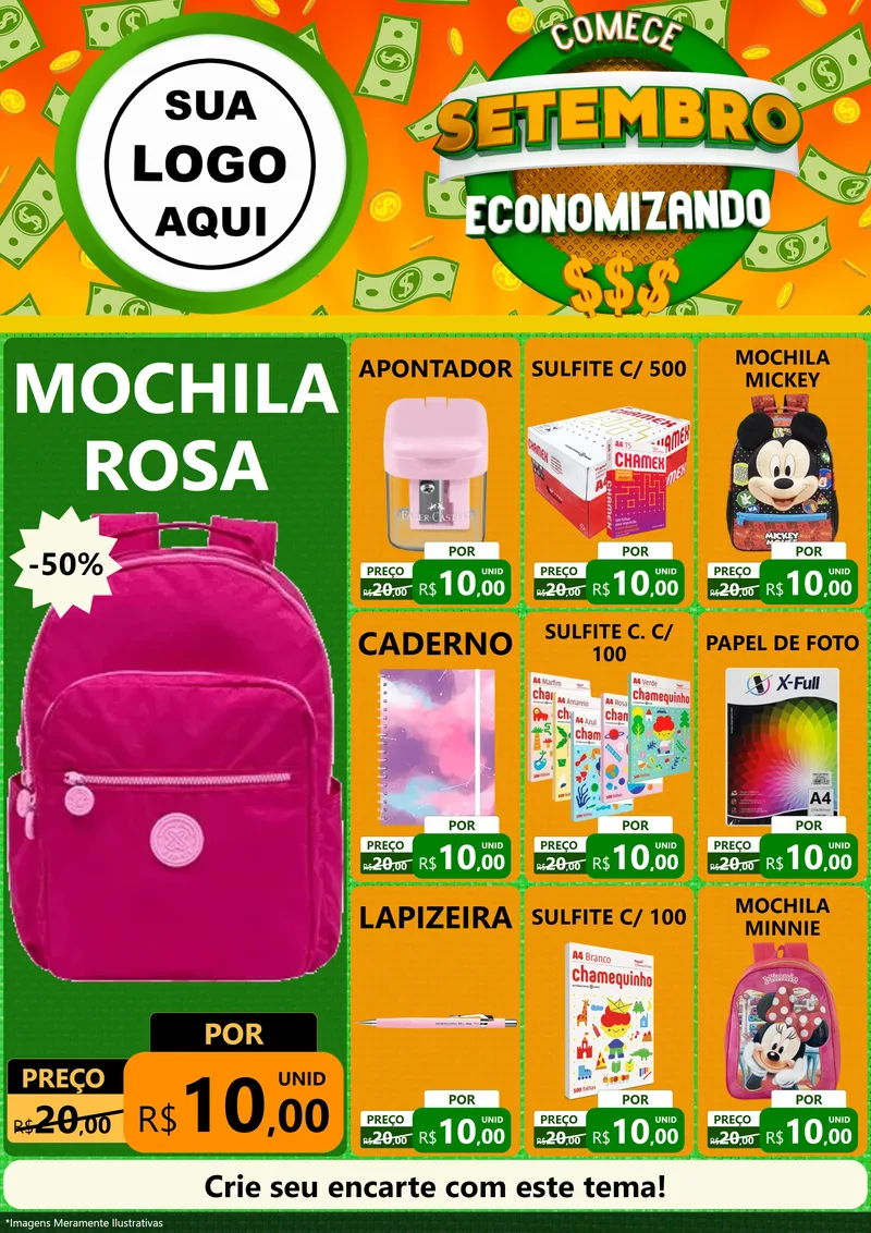 Modelo de Encarte para Encarte A4 Vertical com o tema Comece Setembro Economizando para Papelaria