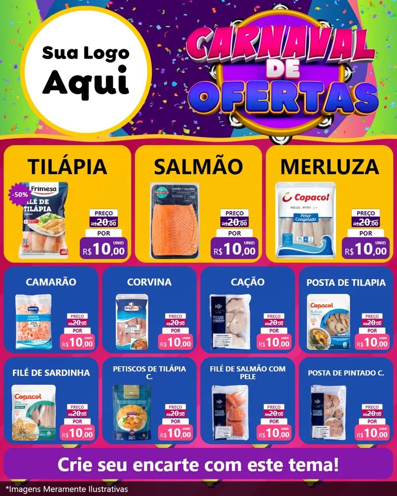 Modelo de Rede Social para Feed Instagram com o tema Carnaval de Ofertas para Peixaria