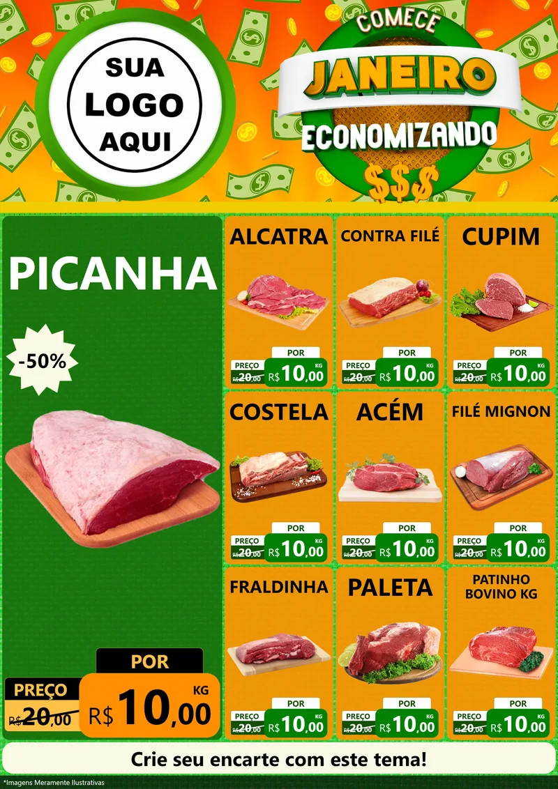 Modelo de Encarte para Encarte A4 Vertical com o tema Comece Janeiro Economizando para Açougue