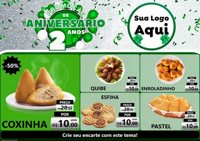 Modelo de Encarte para Encarte A4 Horizontal com o tema Promoção de Aniversário - 2 Anos para Salgadaria