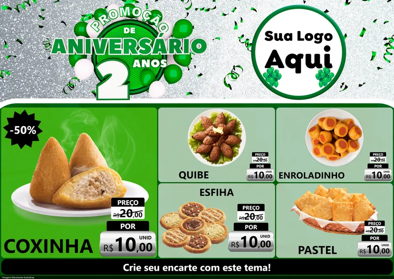 Modelo de Encarte para Encarte A4 Horizontal com o tema Promoção de Aniversário - 2 Anos para Salgadaria