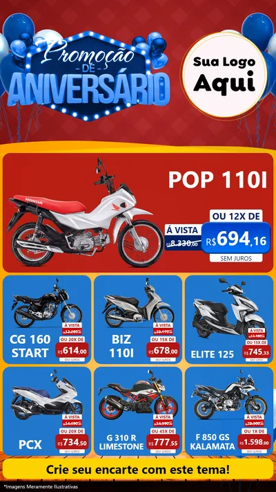 Modelo de Rede Social para Stories com o tema Promoção de Aniversário para Concessionaria de Motos