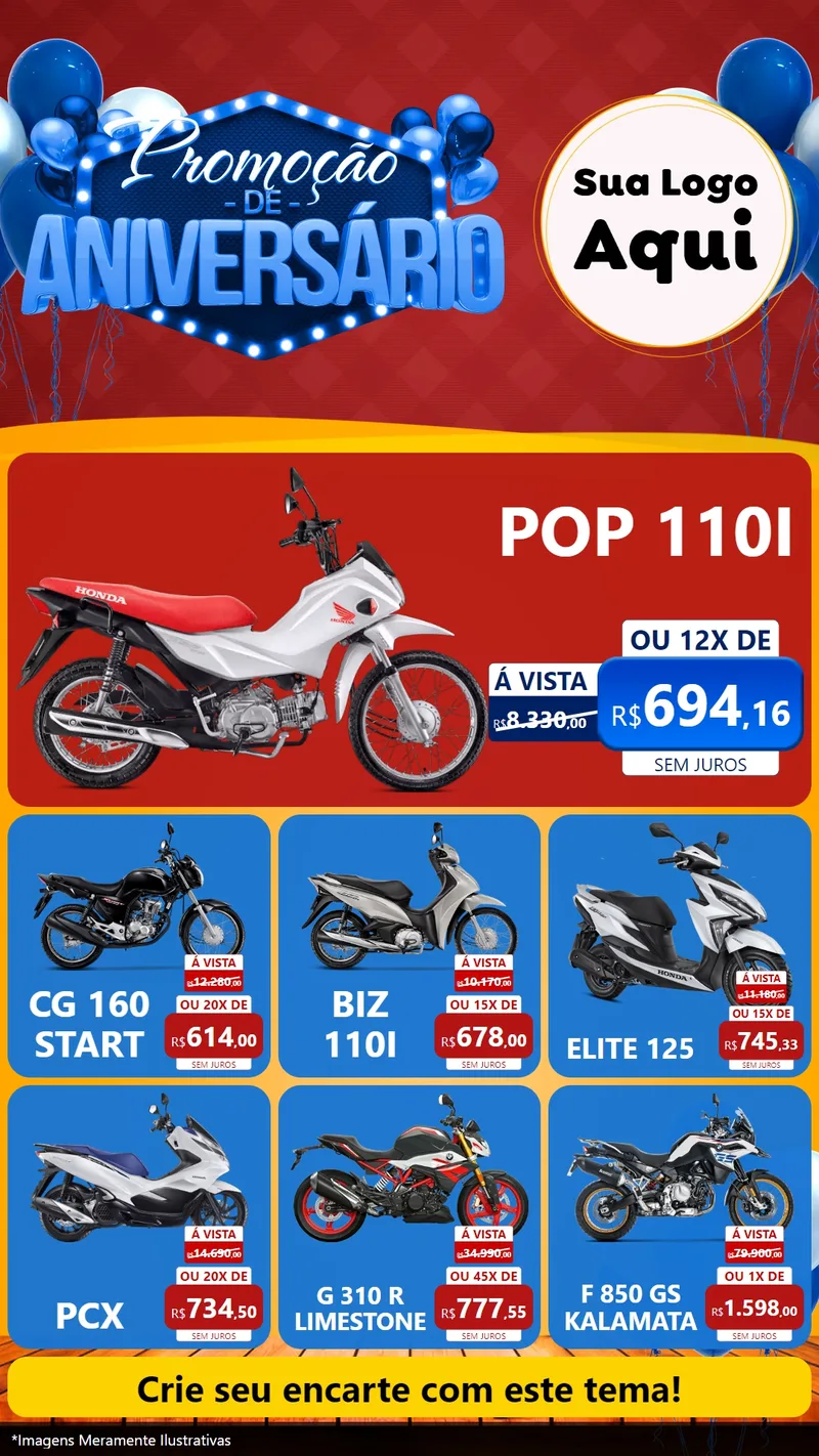 Modelo de Rede Social para Stories com o tema Promoção de Aniversário para Concessionaria de Motos