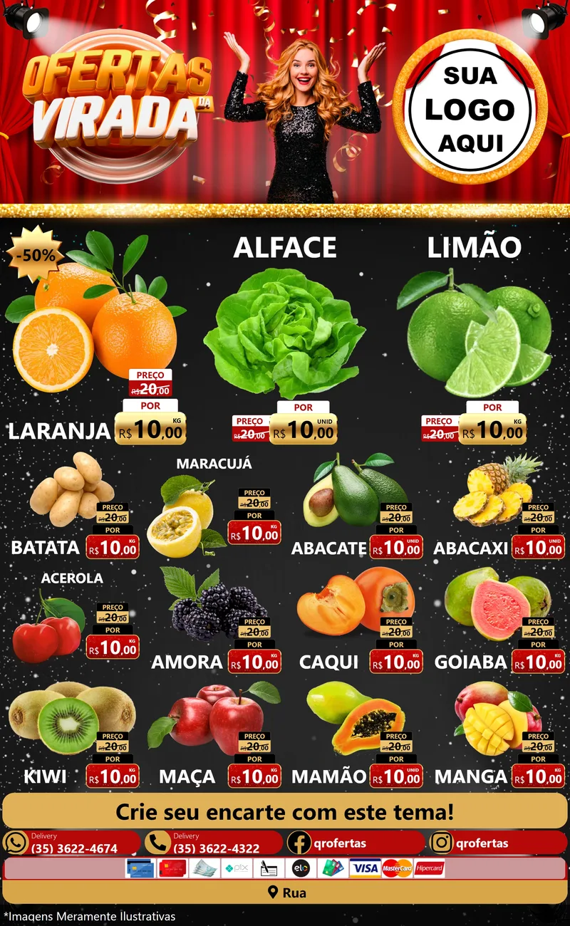 Modelo de Encarte para Encarte Grande com o tema Ofertas da Virada para Hortifrúti