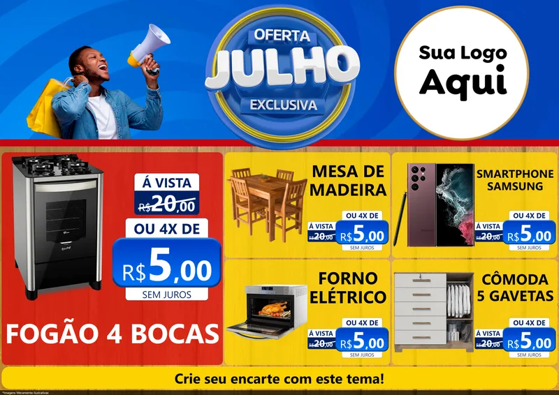 Modelo de Encarte para Encarte A4 Horizontal com o tema Oferta Exclusiva, Julho para Móveis e Eletro