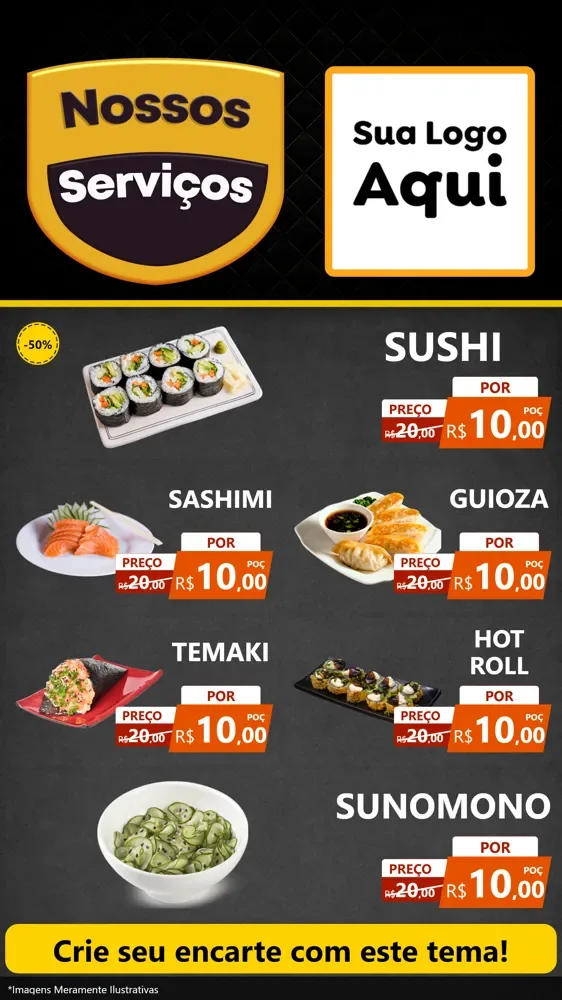 Modelo de TV para TV Vertical com o tema Nossos Serviços para Comida japonesa