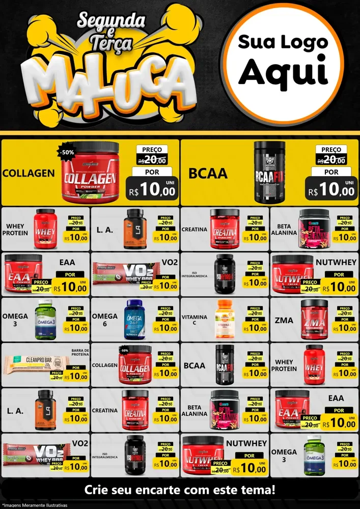 Modelo de Encarte para Encarte A4 Vertical com o tema Segunda e Terça Maluca para Suplementos alimentares