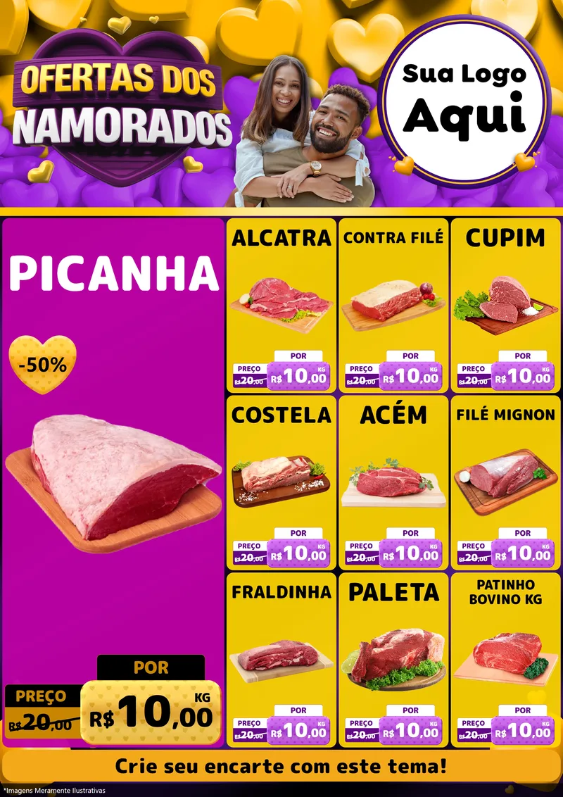 Modelo de Encarte para Encarte A4 Vertical com o tema Oferta Dos Namorados para Açougue