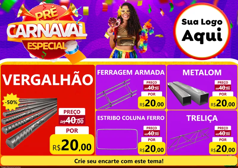 Modelo de Encarte para Encarte A4 Horizontal com o tema Pré-Carnaval Especial para Ferragens