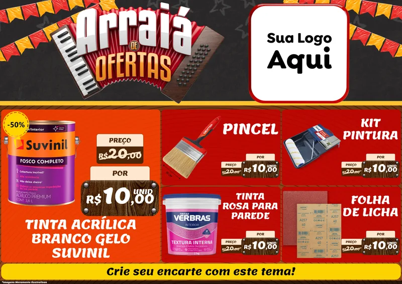 Modelo de Encarte para Encarte A4 Horizontal com o tema Arraiá de Ofertas - Junina para Tintas e Ferramentas