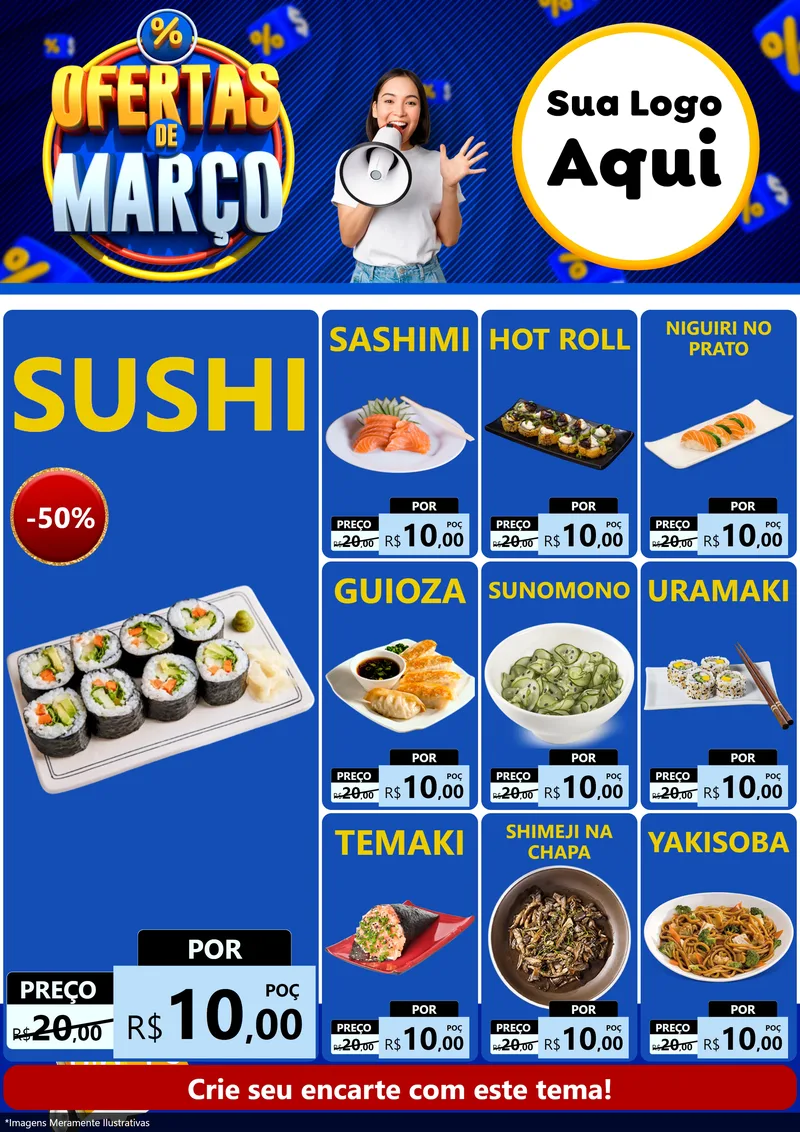 Modelo de Encarte para Encarte A4 Vertical com o tema Ofertas de Março para Comida japonesa