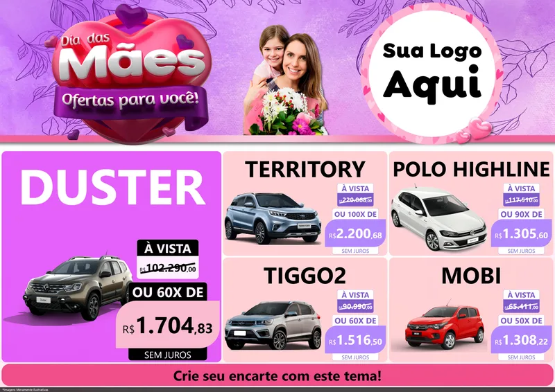 Modelo de Encarte para Encarte A4 Horizontal com o tema Dia das Mães Ofertas para Você! para Concessionaria de Carros