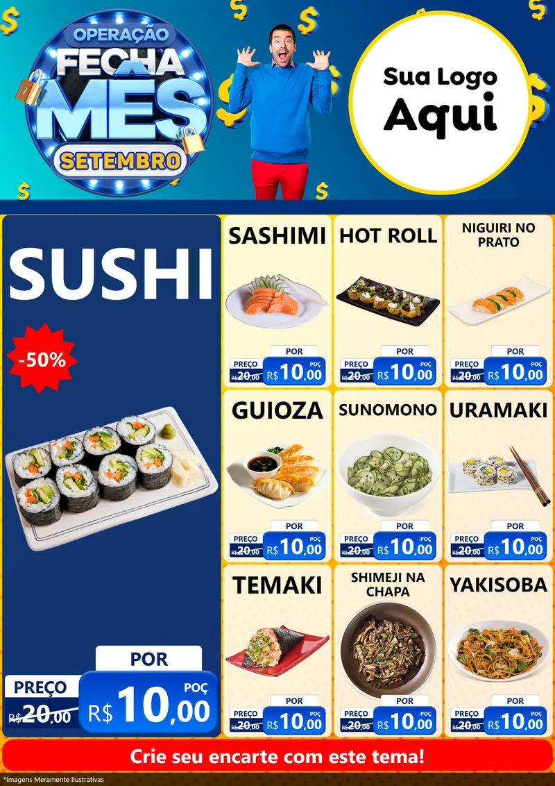 Modelo de Encarte para Encarte A4 Vertical com o tema Operação Fecha Mês Setembro para Comida japonesa