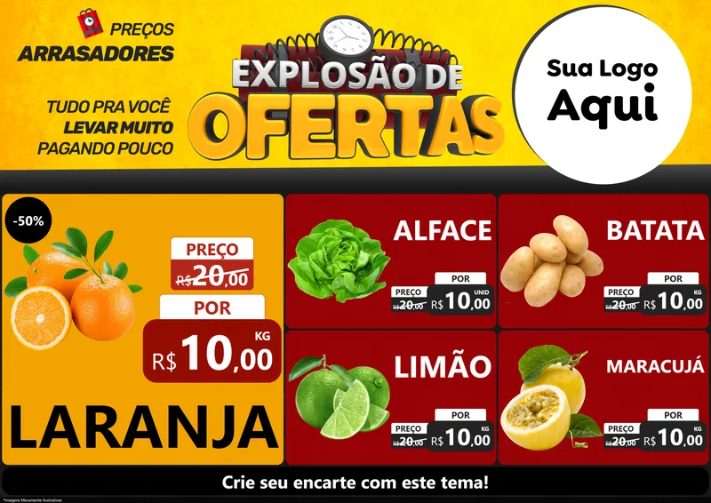 Modelo de Encarte para Encarte A4 Horizontal com o tema Explosão de Ofertas para Hortifrúti