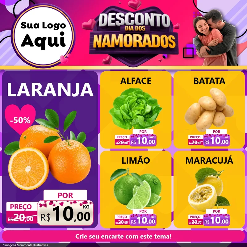 Modelo de Rede Social para Feed Facebook com o tema Desconto Dia dos Namorados para Hortifrúti