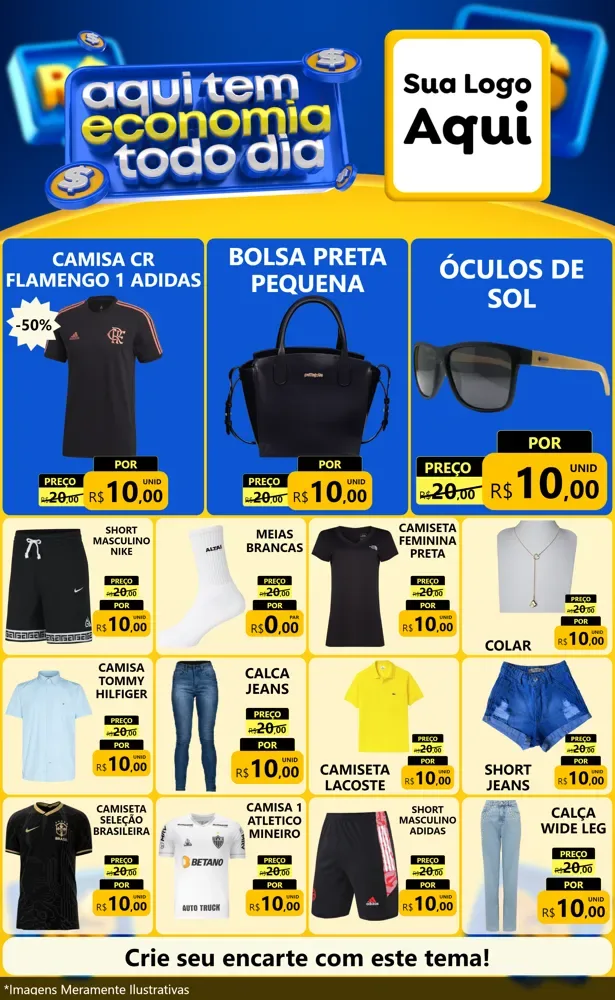 Modelo de Encarte para Encarte Grande com o tema Aqui Tem Economia Todo Dia para Roupas e acessórios