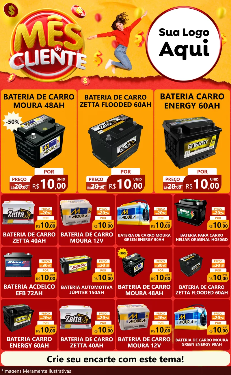 Modelo de Encarte para Encarte Grande com o tema Mês do Cliente para Baterias Elétricas
