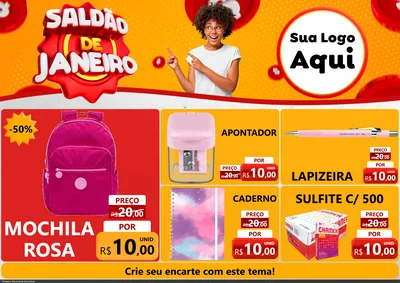 Modelo de Encarte para Encarte A4 Horizontal com o tema Saldão de Janeiro para Papelaria