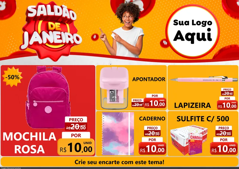 Modelo de Encarte para Encarte A4 Horizontal com o tema Saldão de Janeiro para Papelaria