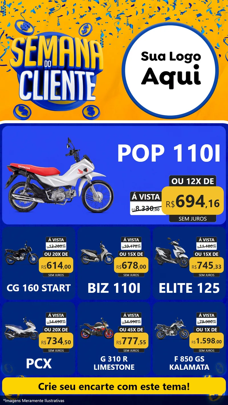 Modelo de Rede Social para Stories com o tema Semana do Cliente para Concessionaria de Motos