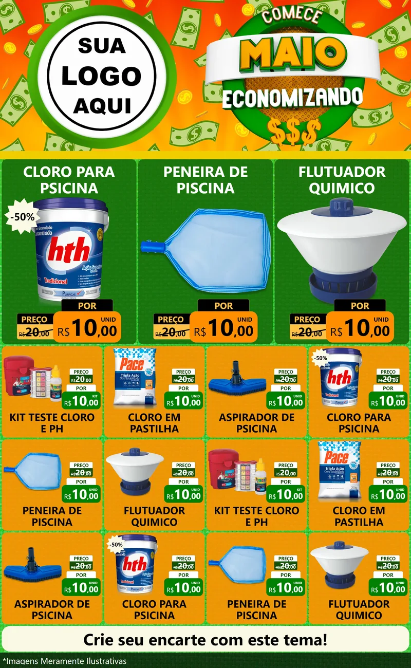 Modelo de Encarte para Encarte Grande com o tema Comece Maio Economizando para Produtos para Piscina